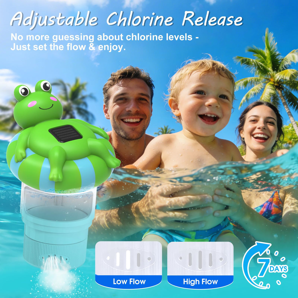 Uekars large-capacity floater holds 3-inch tablets, reducing refill frequency.