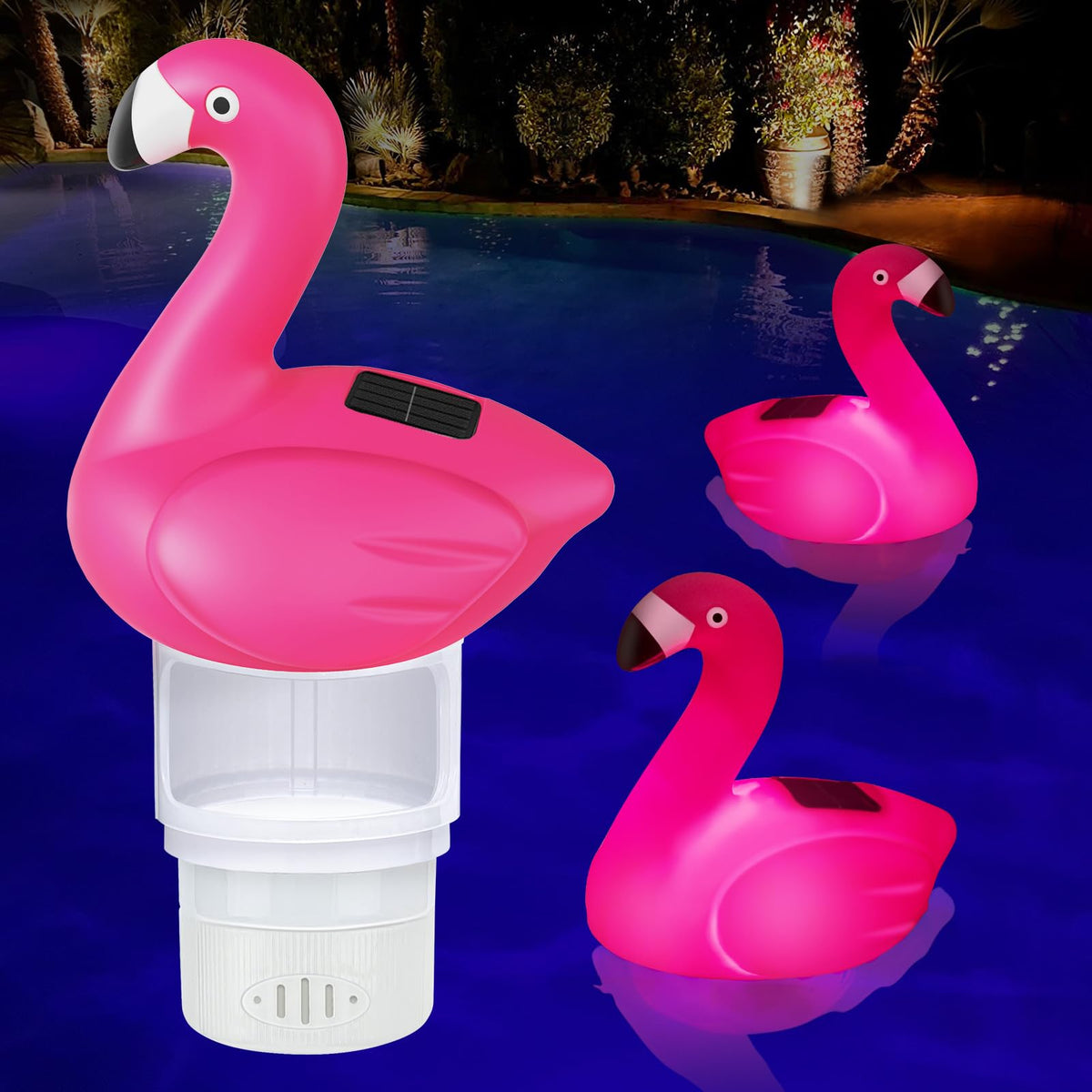 Uekars Solar Flamingo Floater front view with bright red float and solar panel