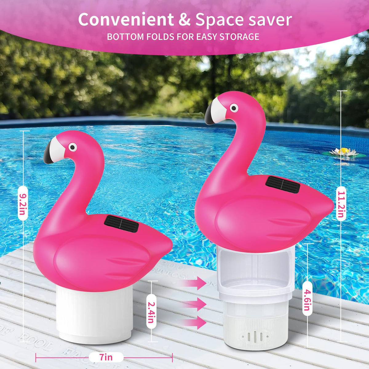 Uekars Solar Flamingo Floater packaging illustrating complete pool season setup