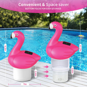 Uekars Solar Flamingo Floater packaging illustrating complete pool season setup