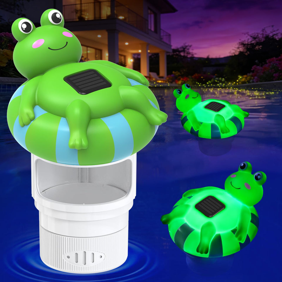 Uekars Solar Frog floater charging in sun, ready to release chlorine effectively.