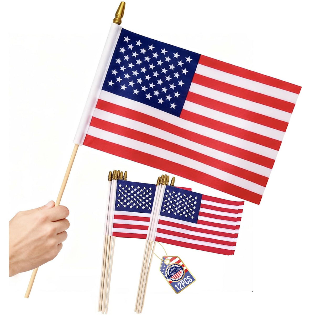 Uelfbaby American 8x12 handheld flag on a stick for outdoor display.
