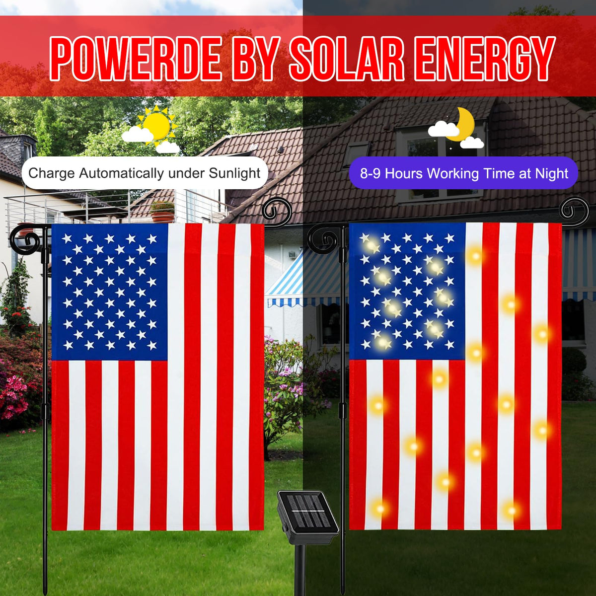 Flag shows sleeve for easy hanging on garden brackets or fences.