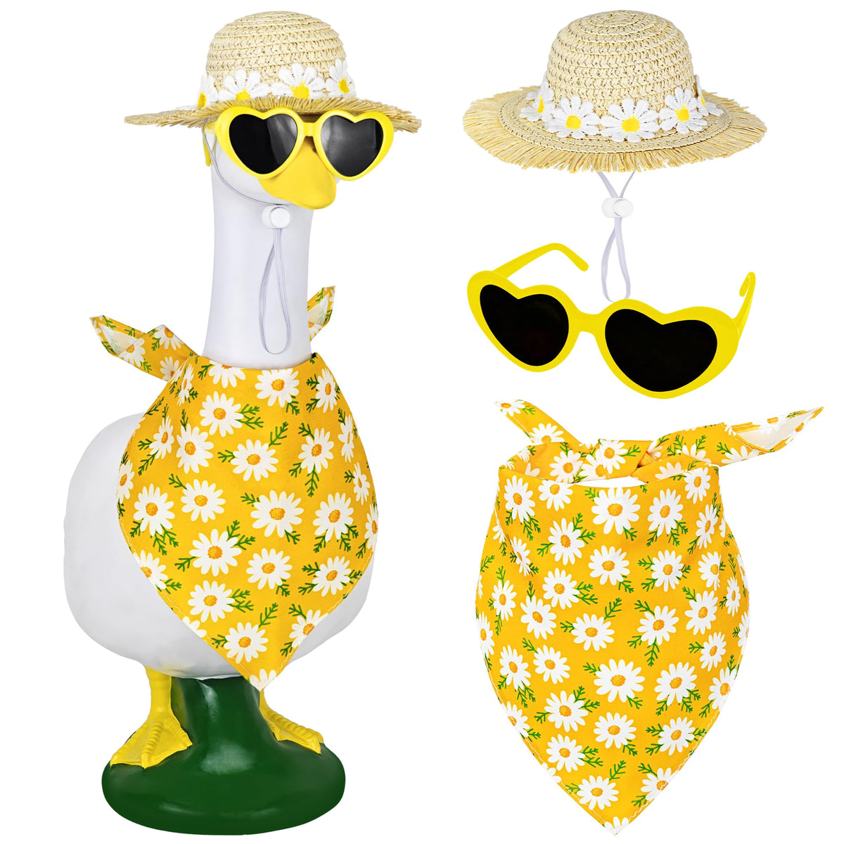 Ueyben daisy-goose-hat enhances porch goose display with sunny straw styling.