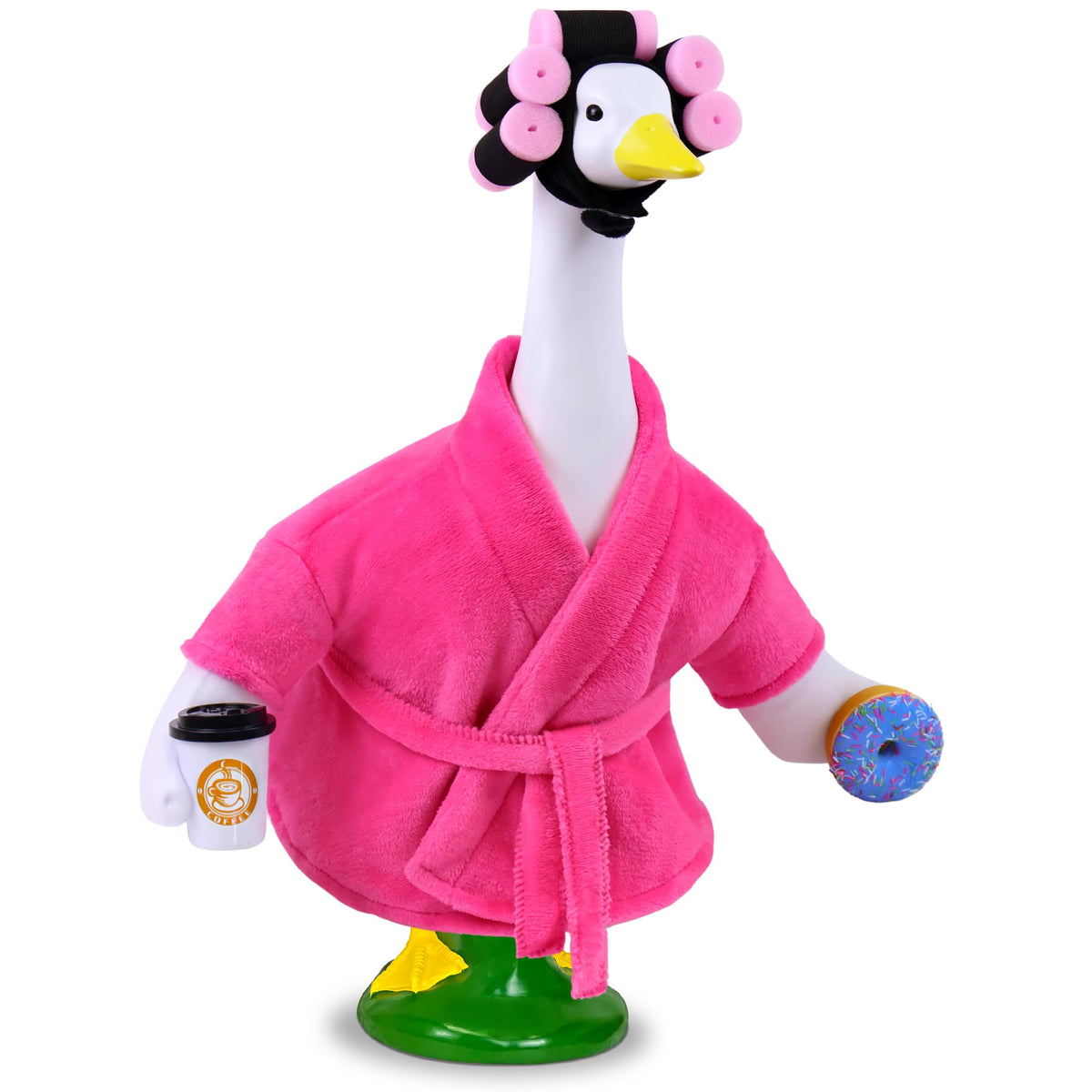 Ueyben Lady Porch Goose Outfit bathrobe with coffee cup donuts enhances garden whimsy.