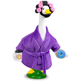Ueyben Lady Porch Goose Outfit bathrobe with coffee cup donuts for garden decor