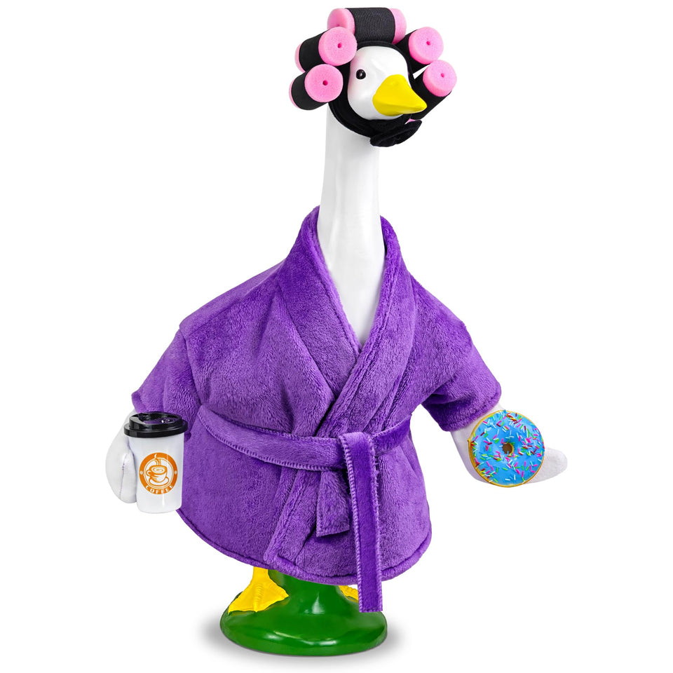 Ueyben Lady Porch Goose Outfit bathrobe with coffee cup donuts for garden decor