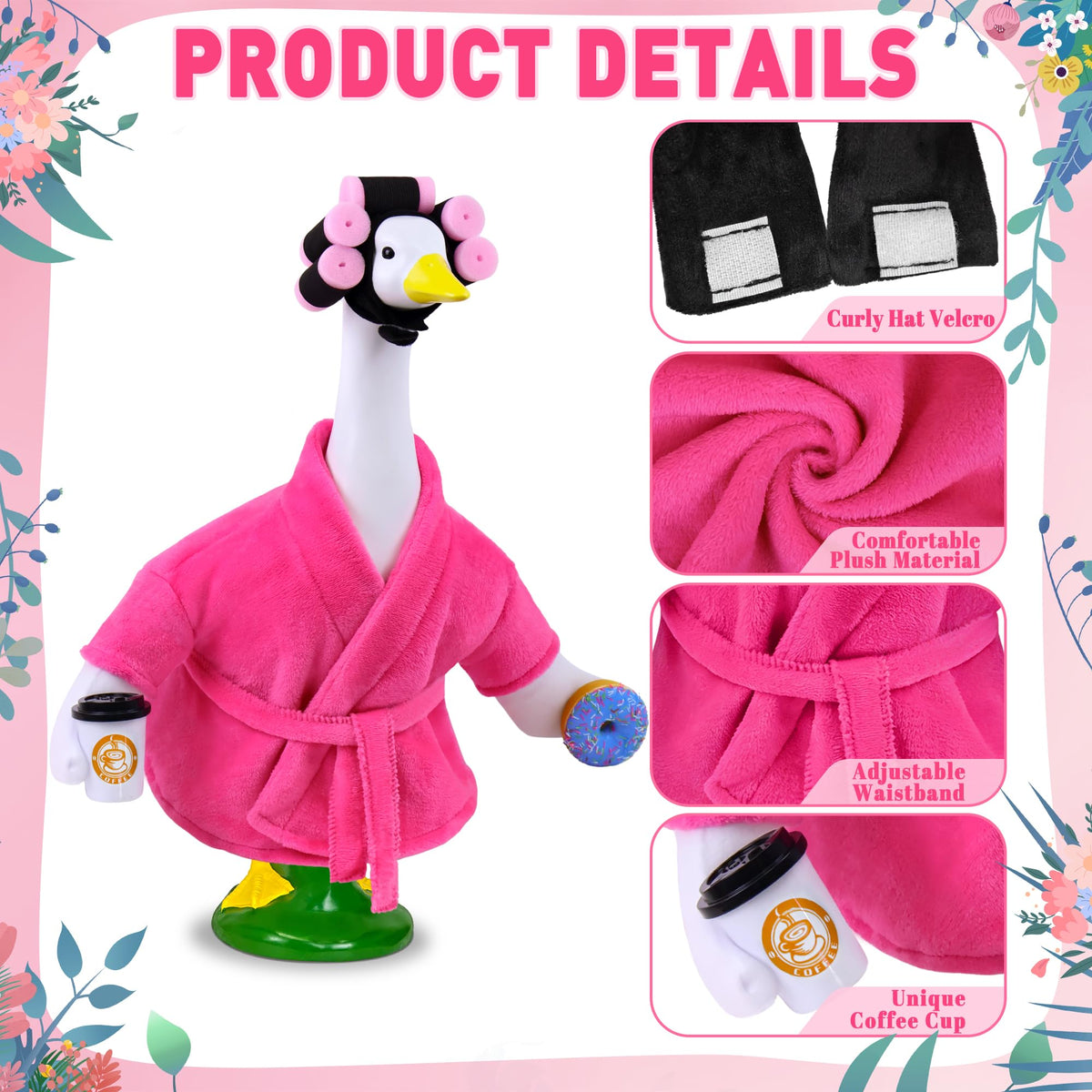 Ueyben pink curlers and donuts create a bright focal point for porch geese.
