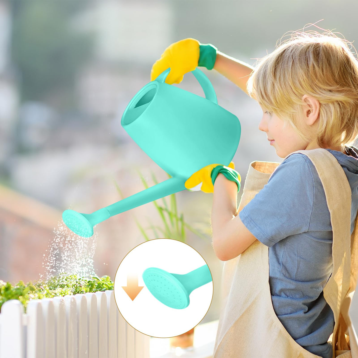 UFANME half-gallon turquoise watering can handle close-up for comfortable pouring