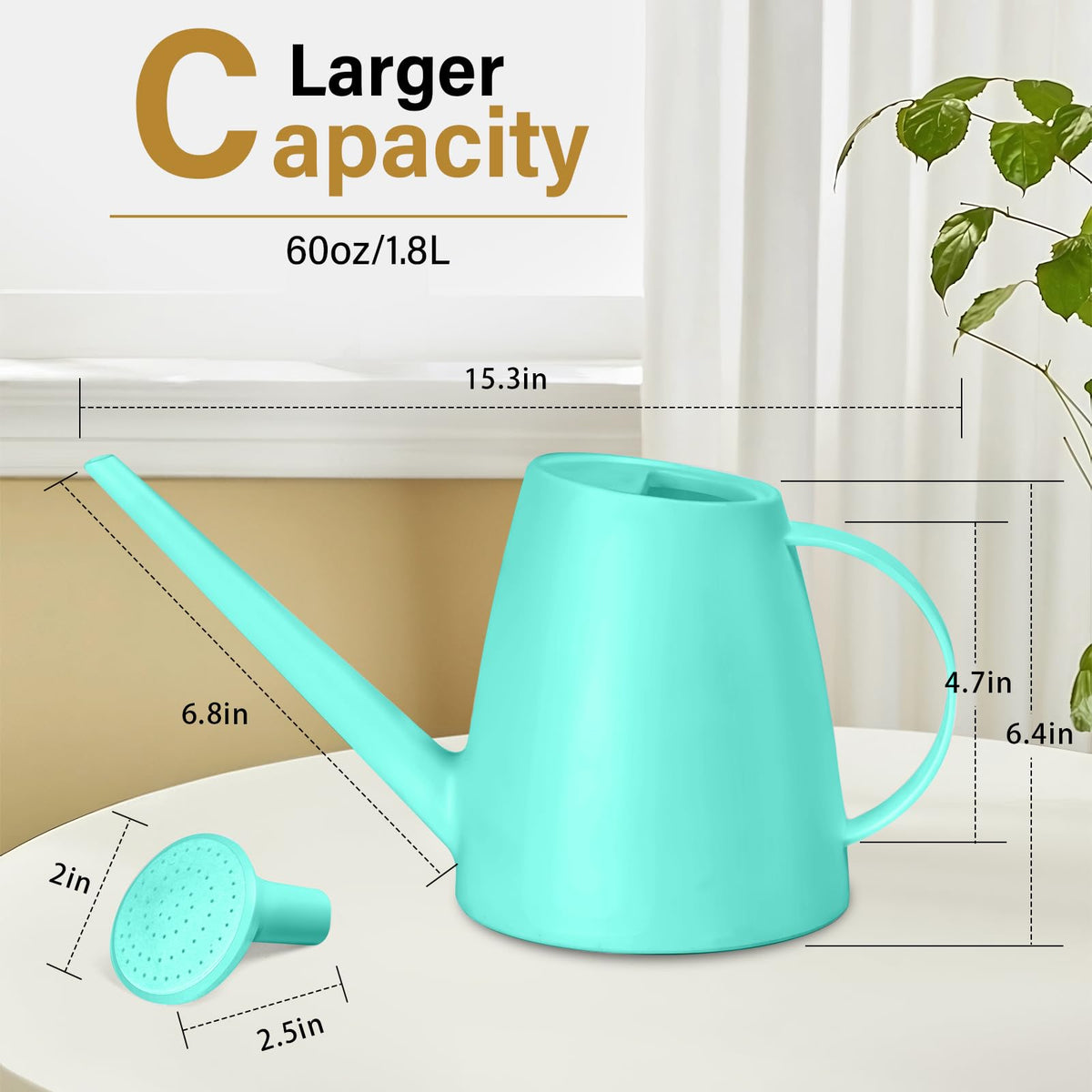 UFANME half-gallon turquoise watering can side view with ergonomic handle