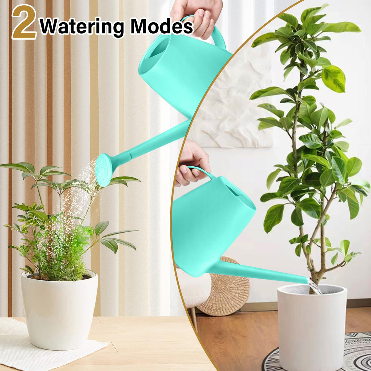 UFANME half-gallon turquoise watering can spout detail shows controlled flow
