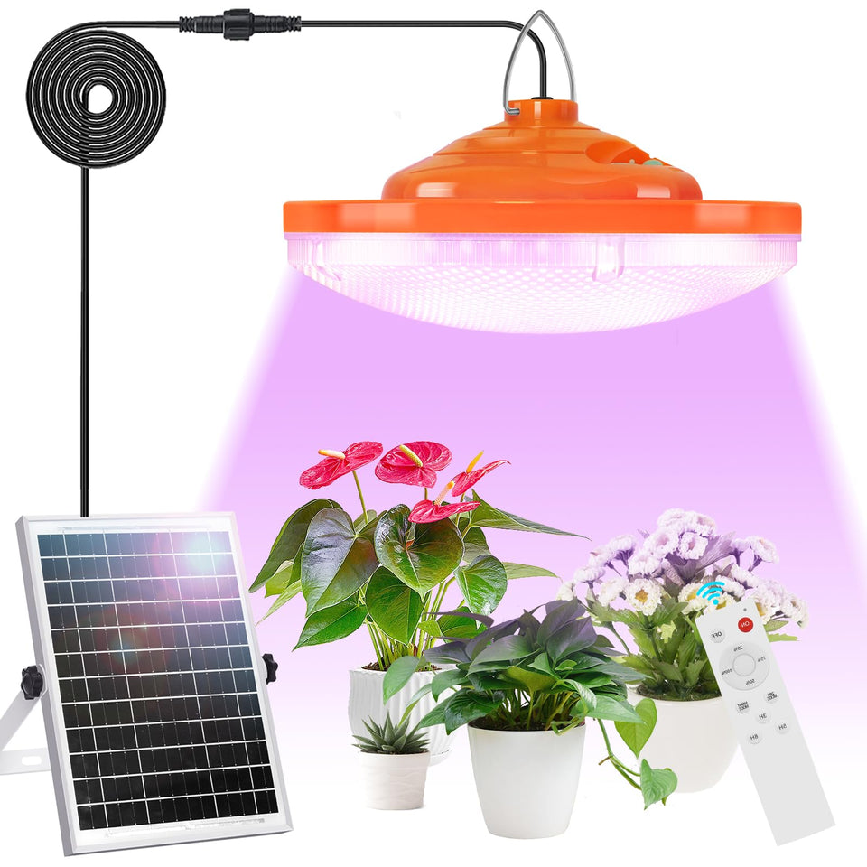 Ufelizor solar grow light hanging outdoors to boost plant growth