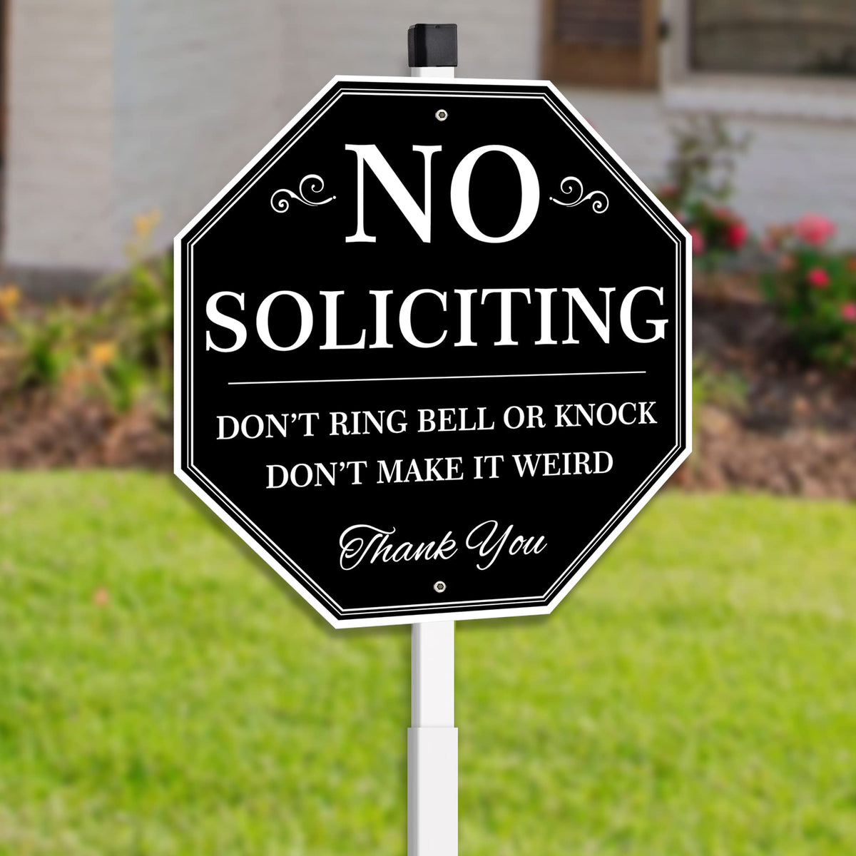Uflashmi no soliciting yard sign front view highlights durable aluminum construction