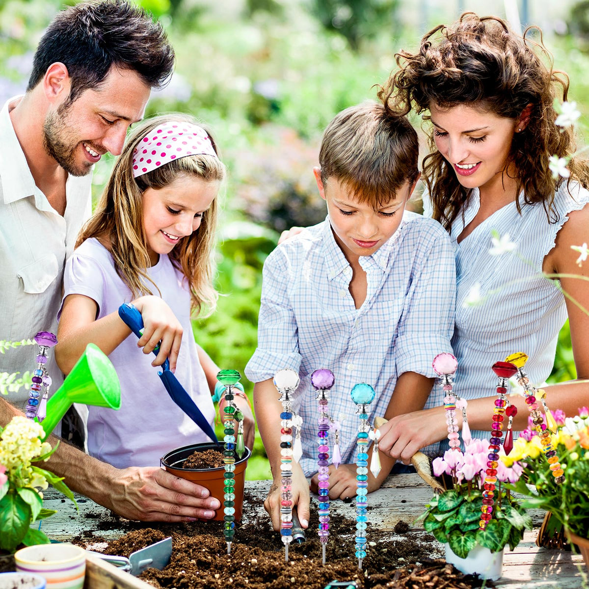 UFU outdoor garden stakes displayed on patios and lawns for bright accents.