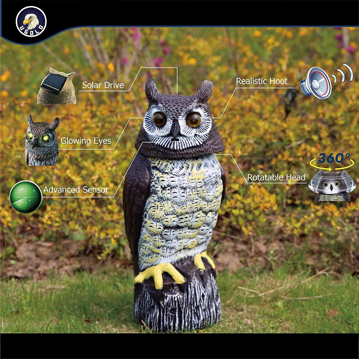 Ugold owl with rotating head and hoots adds lifelike motion to garden decor