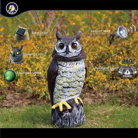 Ugold owl with rotating head and hoots adds lifelike motion to garden decor
