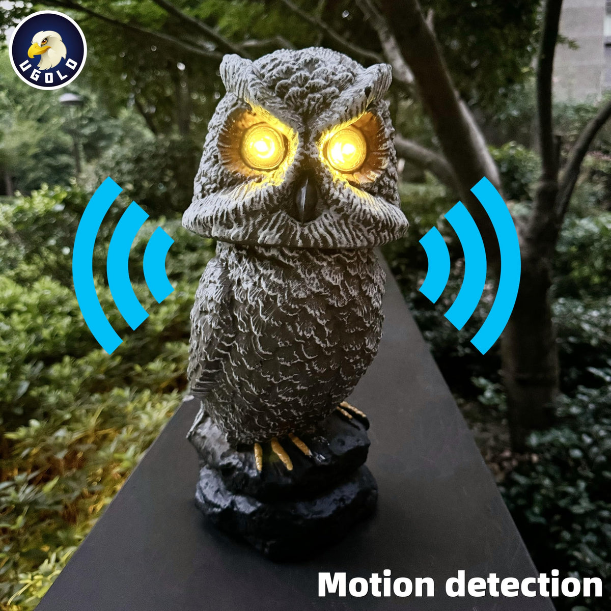 Ugold owl rotating head adds dynamic realism to patio decoration
