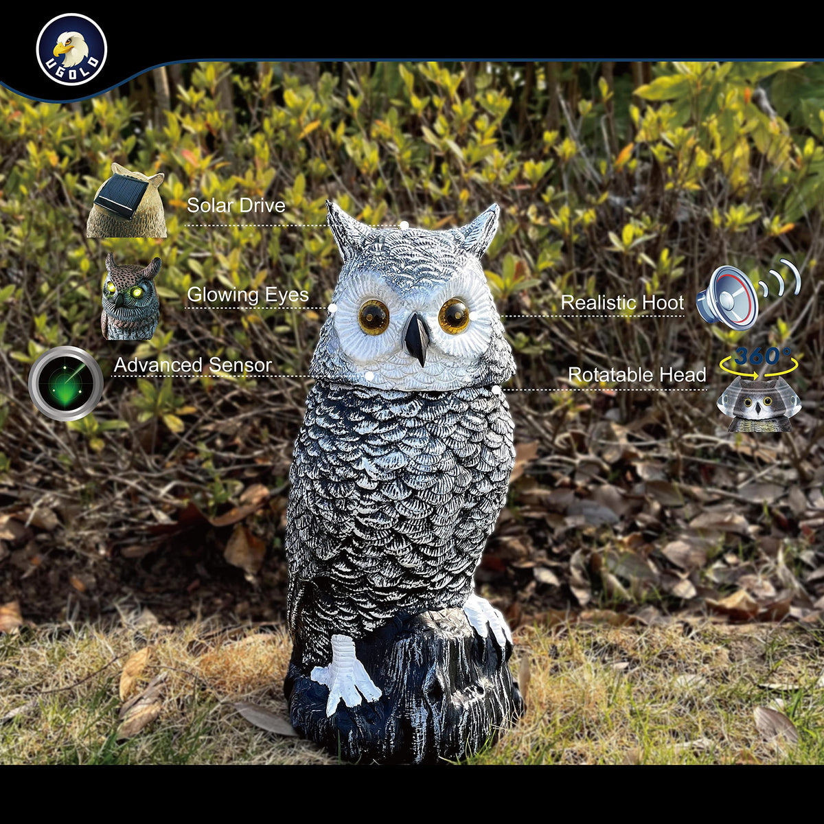 Ugold Snow Owl eye-glow highlights luminous eyes for night garden decor