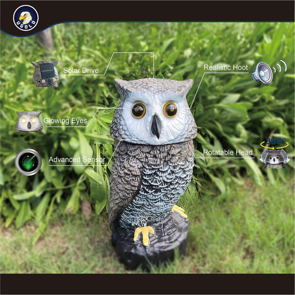 Ugold Solar Owl hoots softly for realistic outdoor ambiance.