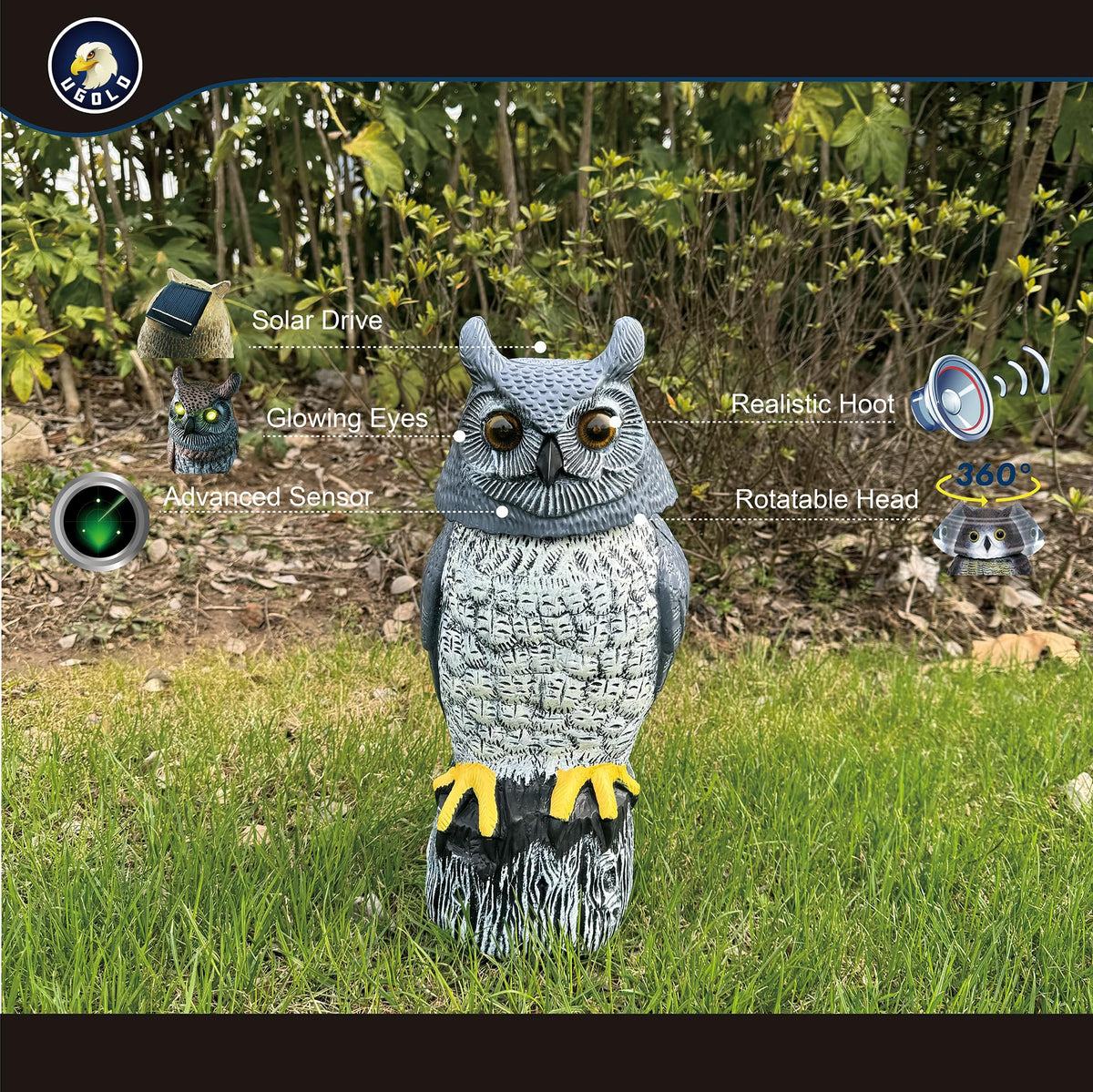 Ugold solar owl rotating head adds lifelike motion to outdoor decor