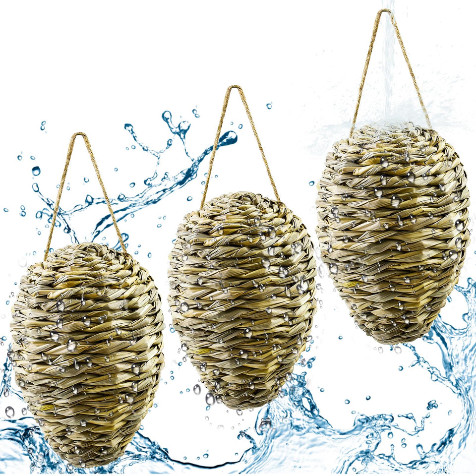 Ugyan woven reed wasp nest decoy three-pack deters wasps around gardens and patios.