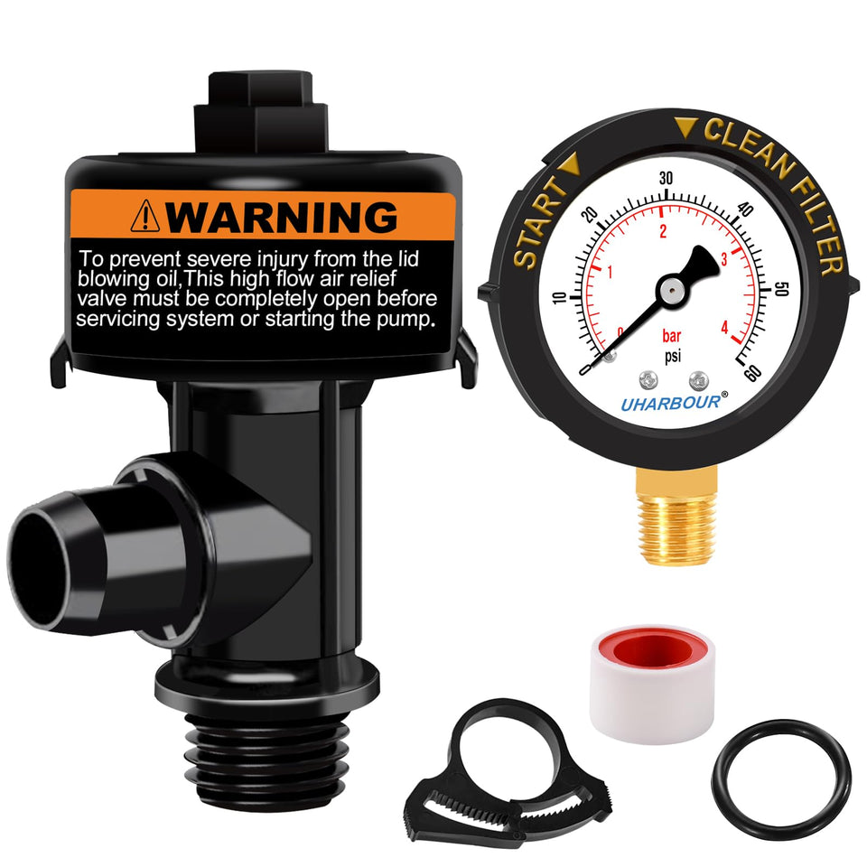 Uharbour air relief valve with gauge for quick pressure relief during pool maintenance.
