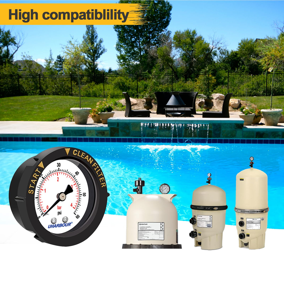 Back-mount Uharbour gauge with 1/4-inch NPT connection for pool plumbing