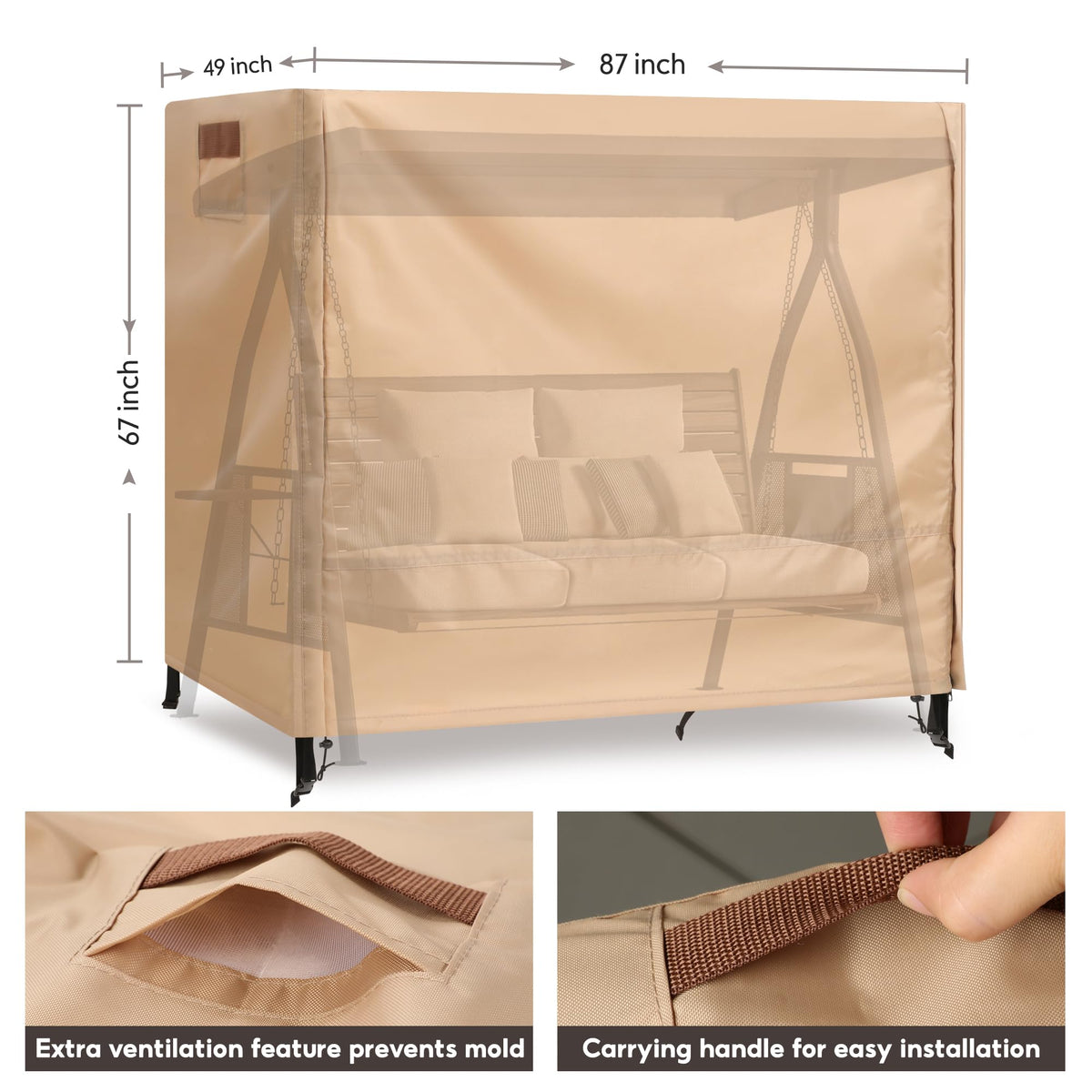 uHousDeco outdoor swing cover 3 seater side view shows windproof straps