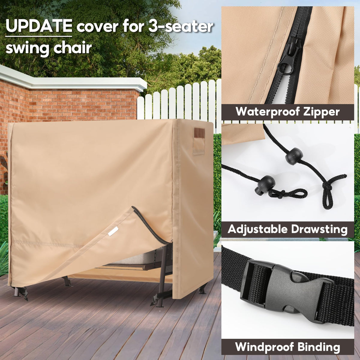 uHousDeco outdoor swing cover 3 seater zipper close detail for rain protection