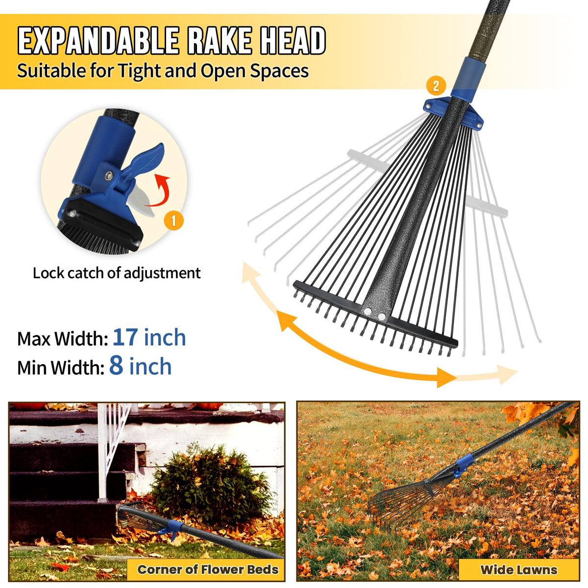 UIABOPZ adjustable leaf rake with 30-60in handle for comfortable, tall-friendly raking.