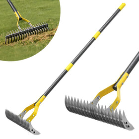 UIABOPZ Thatch Rake shows 15-inch head removing thatch for better lawn airflow