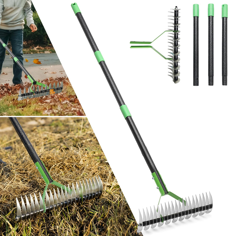 UIABOPZ Thatch Rake on 21-tine side removes thatch from dense turf for a healthier lawn