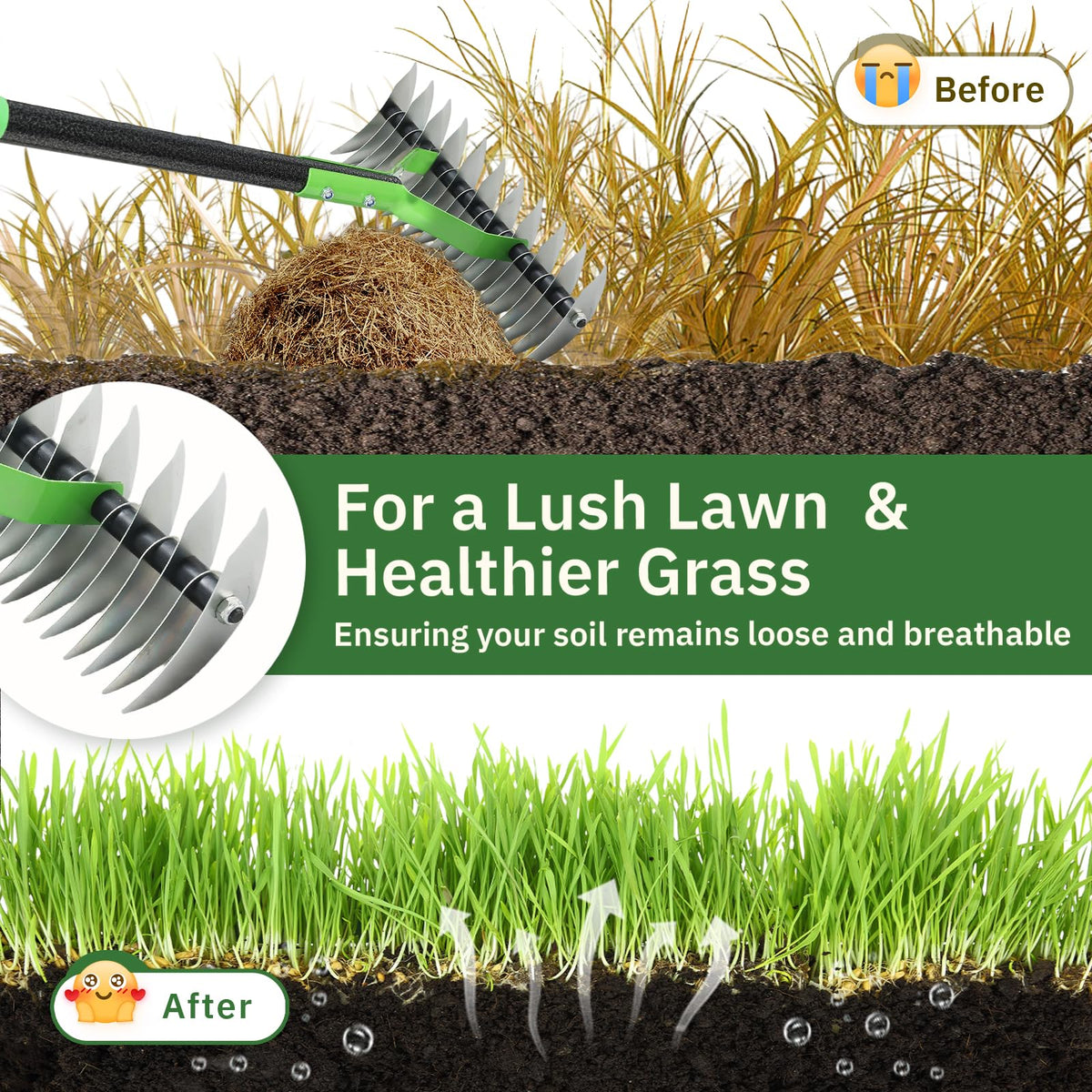 UIABOPZ Thatch Rake with 55-inch adjustable handle for comfortable upright use