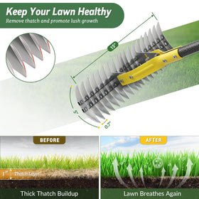 UIABOPZ Thatch Rake adjustable-angle design for aggressive or gentle dethatching