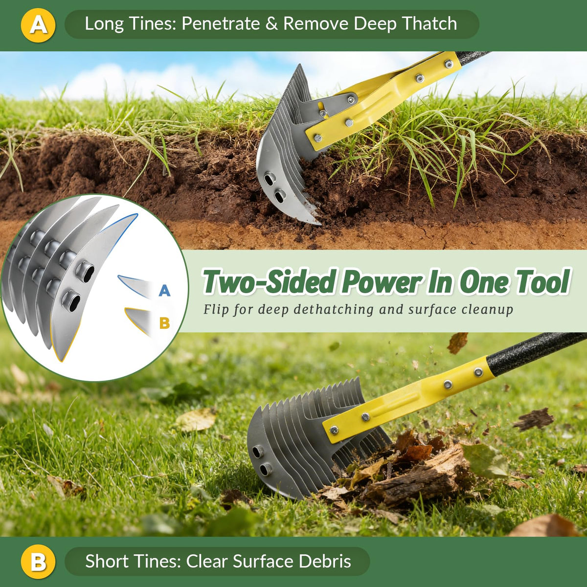 UIABOPZ Thatch Rake dual-sided head for versatile dethatching and debris clearance
