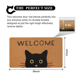 Close-up of black cat face on the UINI mat for a warm greeting.