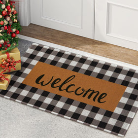 UINI welcome mat with buffalo plaid border resists dirt at the doorway