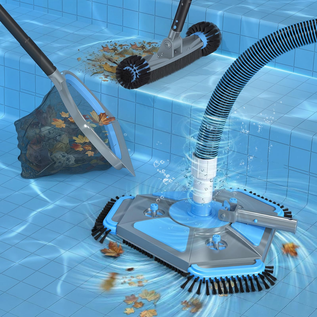 UIRWAY pool cleaning kit includes vacuum head, net, brush, and pole.