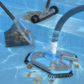 UIRWAY pool cleaning kit includes vacuum head, net, brush, and pole.