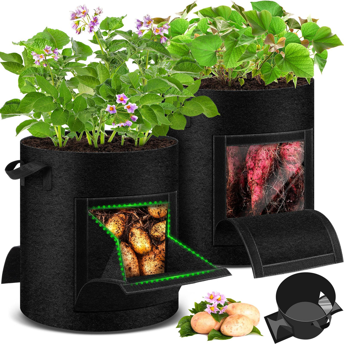 UJG 15-gallon potato grow bag with pull-down window for easy harvest.