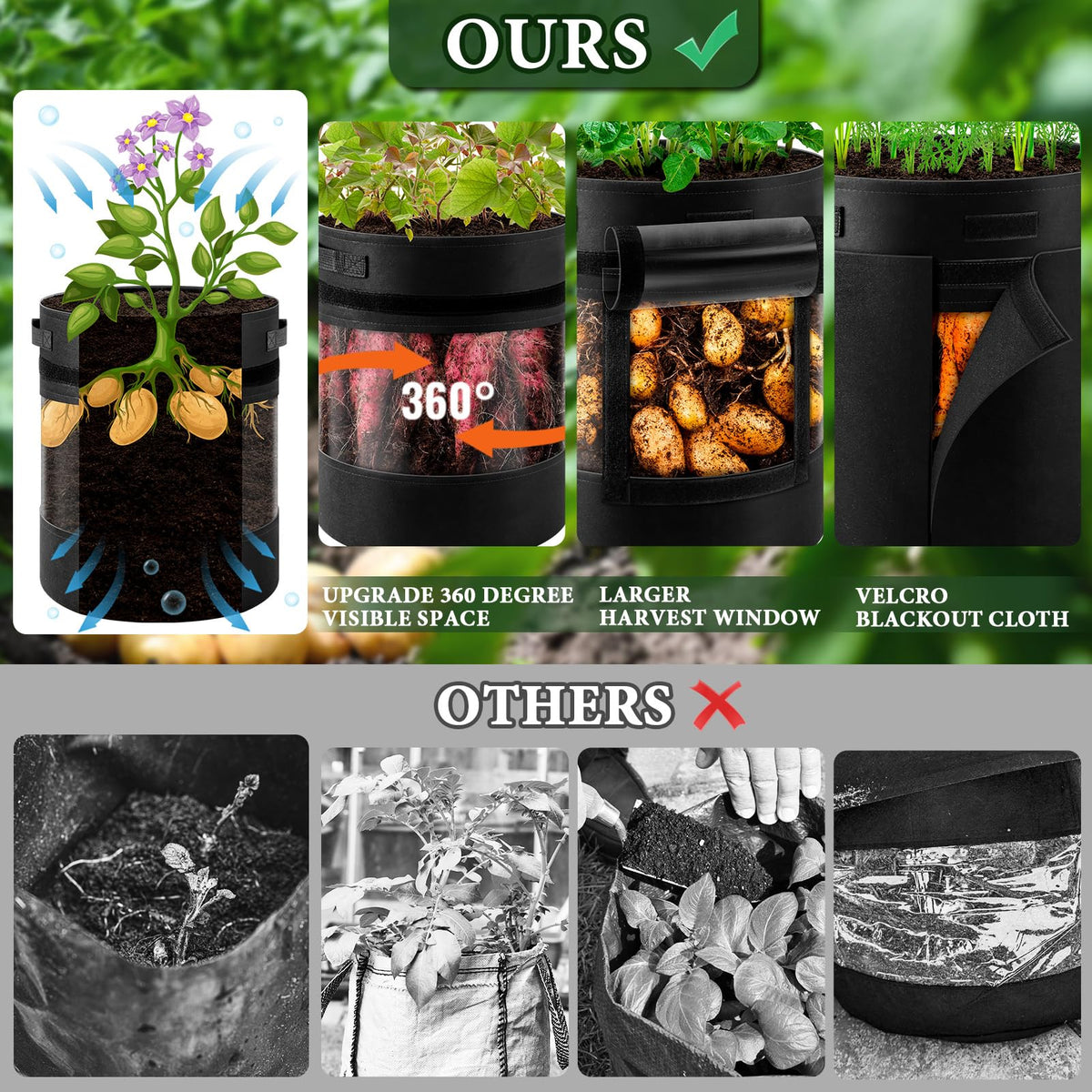 Two handles on UJG grow bag enable easy movement around a space.