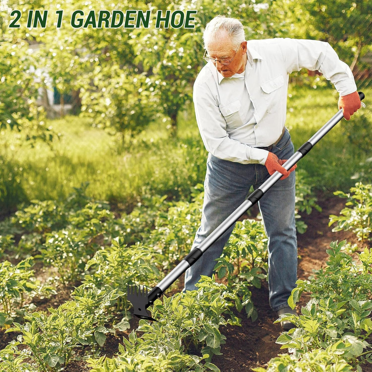 Ukiupop 2 in 1 hoe and weed rake head in action for versatile weeding
