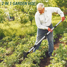 Ukiupop 2 in 1 hoe and weed rake head in action for versatile weeding