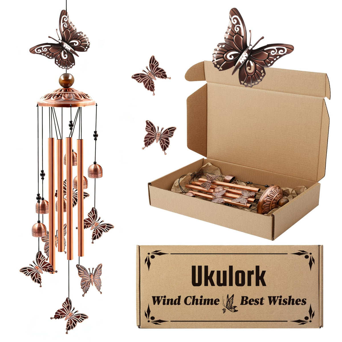 Ukulork wind chime butterfly top adds elegant outdoor decor and gentle tones.