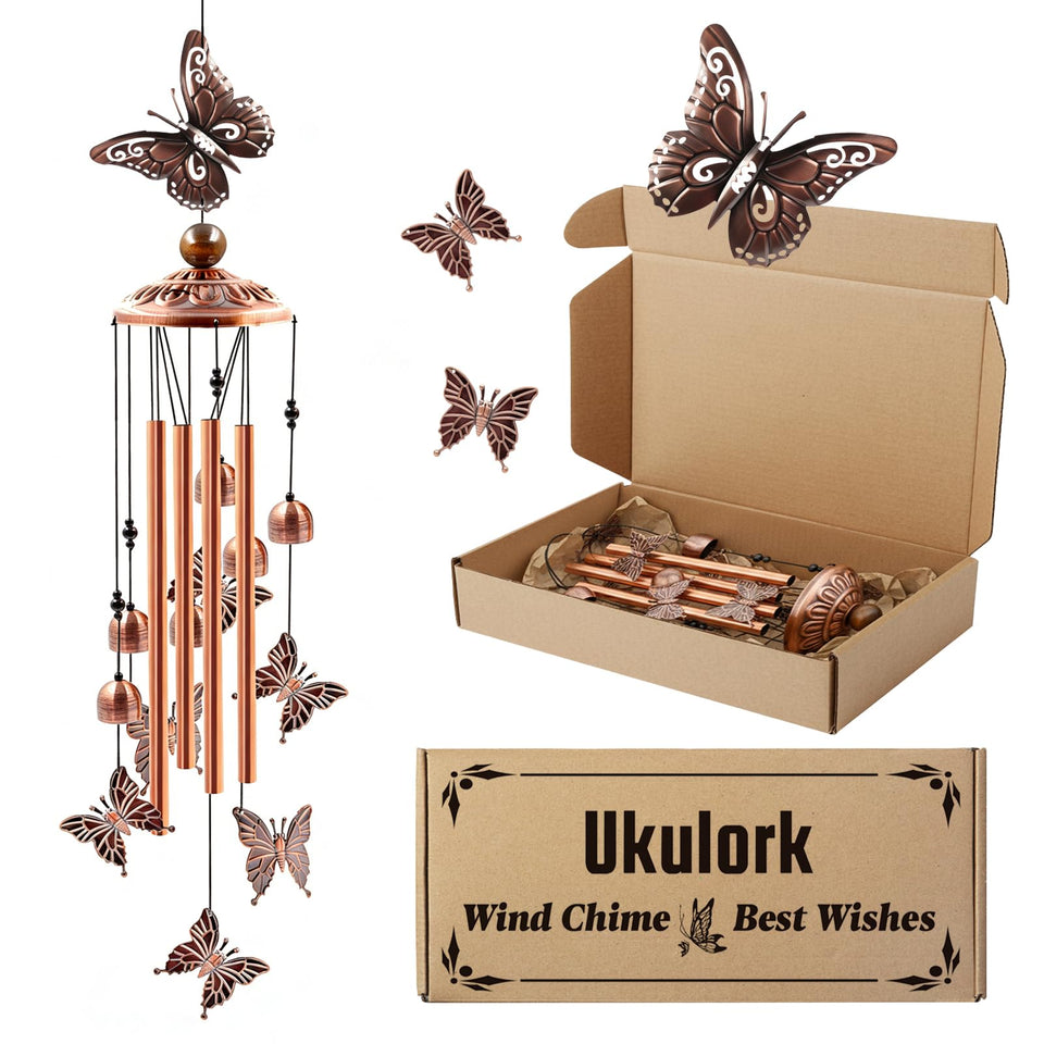 Ukulork wind chime butterfly top adds elegant outdoor decor and gentle tones.