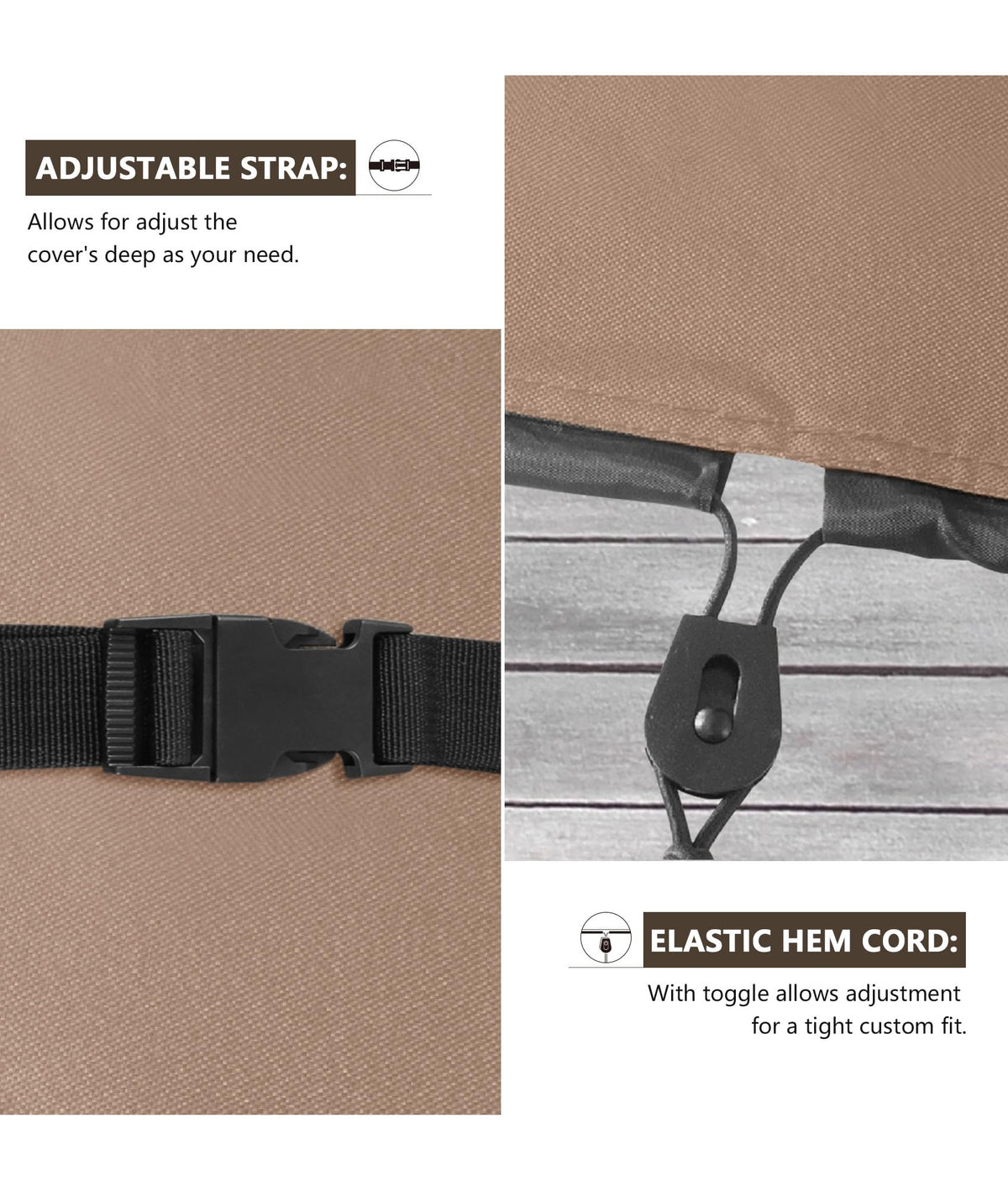 ULTCOVER 600D with clips and elastic drawcord securing to wheels during storms