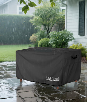 ULTCOVER black-fire-pit-cover blends with outdoor furniture and resists weather.