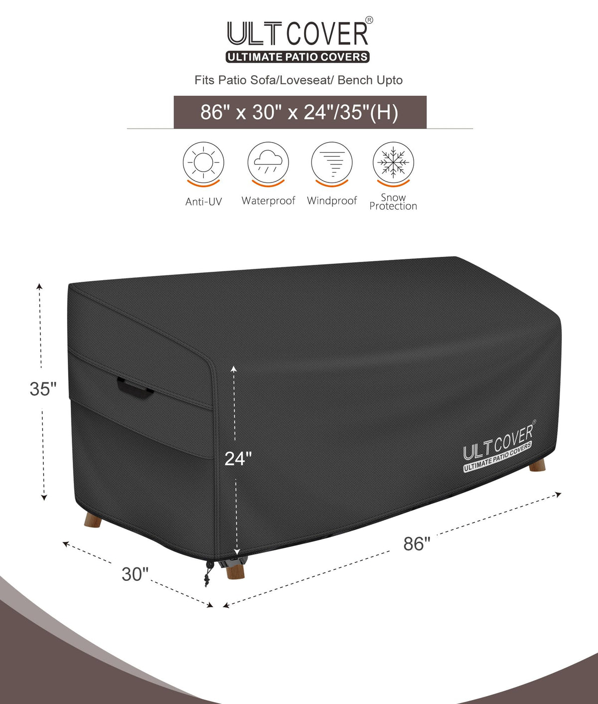 ULTCOVER heavy-duty patio bench cover fits 86W x 30D x 35H, guarding against wind.
