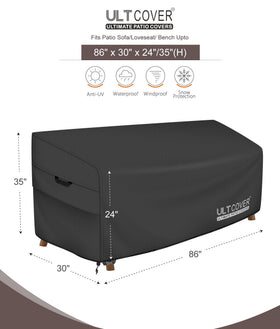 ULTCOVER heavy-duty patio bench cover fits 86W x 30D x 35H, guarding against wind.