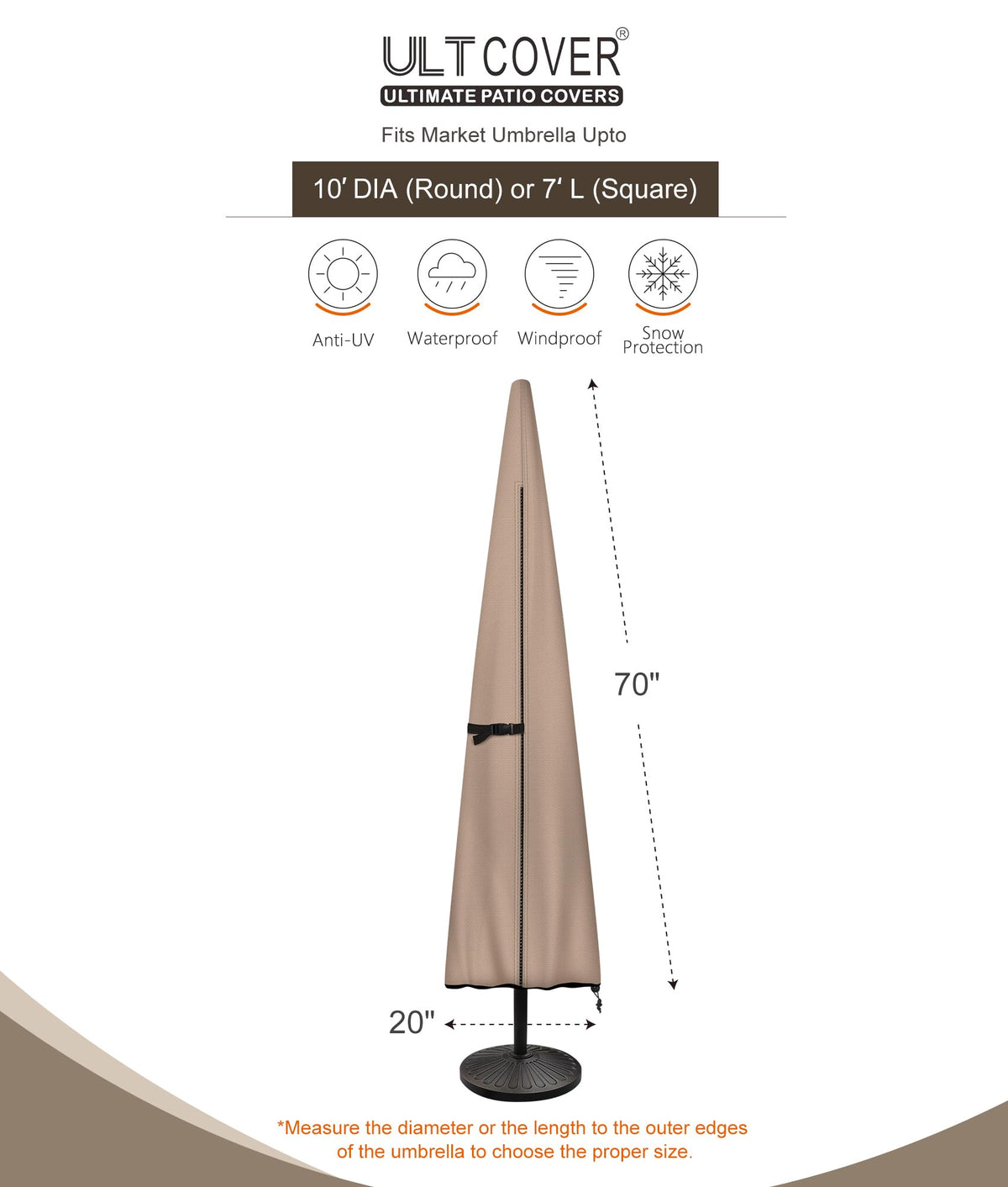 ULTCOVER 7 ft square fit secures umbrella in windy conditions.